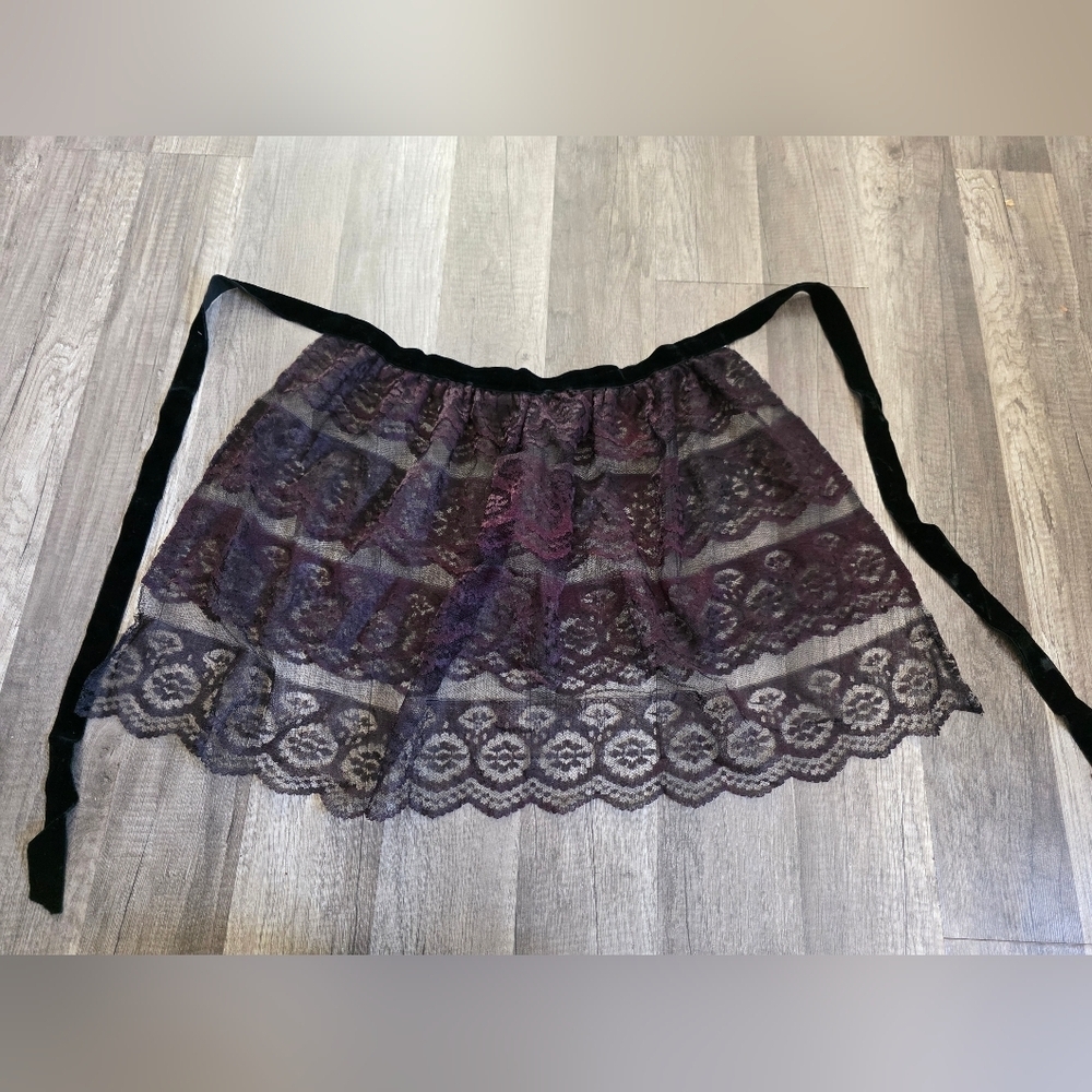 Goth Lace Apron Skirt Lolita Style Brown Velvet Sash Tie Waist Belt Whimsigoth